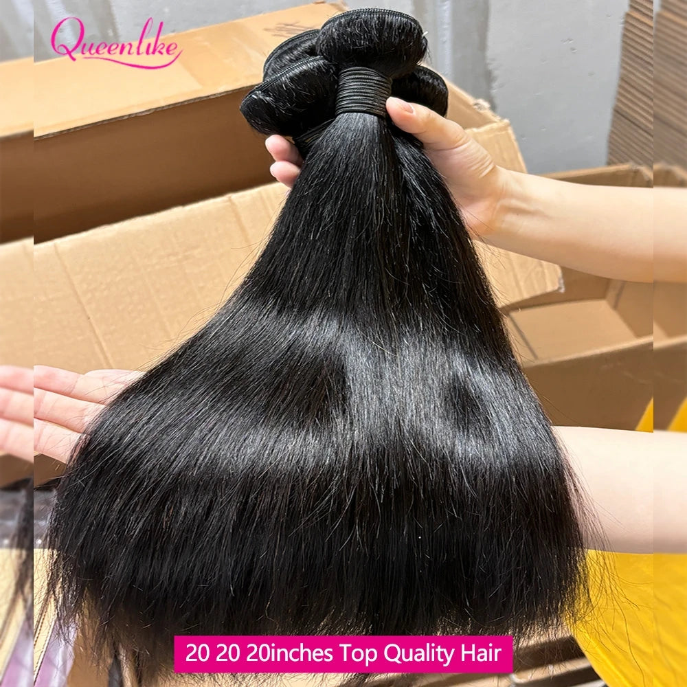Queenlike Straight Human Hair Bundles with 2x6 Deep Middle Part HD Lace Closure 12A Brazilian Raw Hair Bundles with Closures
