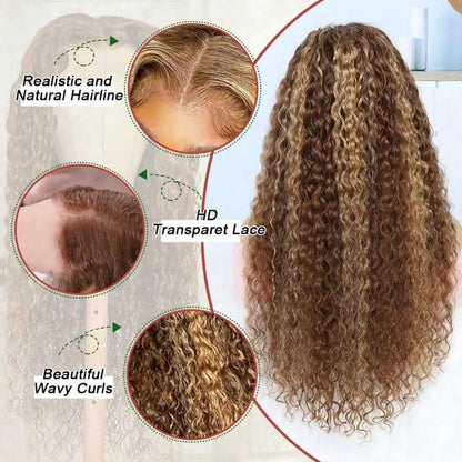 Highlight Curly Wig 13x4 Lace Front Wig Human Hair Wigs Glueless HD Deep Wave Lace Frontal Wig 4/27 Colored Wigs PrePlucked