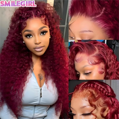 99J Burgundy 13X6 Hd Lace Frontal Human Hair Wigs Red Colored Water Deep Wave Curly Transparent Lace Front Wig For Women 30 Inch