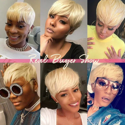 Short Bob Wig Human Hair 613 Blonde Color Mullet Wig with Bangs Layered Wavy Pixie Cut Wig Machine Made Wigs for Black Women