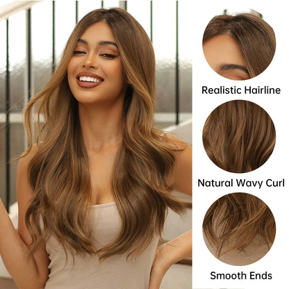 Brown Balayage Long Wavy Lace Front Wig for Women 13x6 HD Lace Natural Looking Heat Resistant Synthetic Hair Daily Cosplay Party