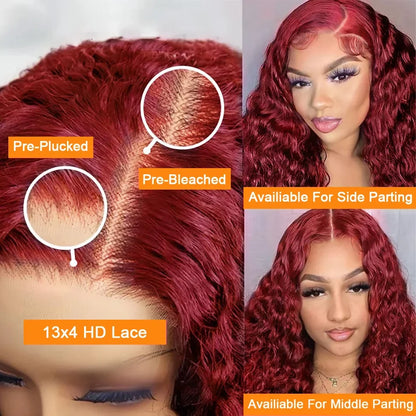 99J Burgundy Wig Human Hair 13X6 Water Wave Lace Front Wigs 250 Density Hd Transparent Red Deep Wave Lace Frontal Wig For Women