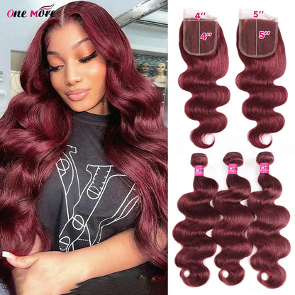 5x5 Closure With Bundles 99J Burgundy Body Wave Bundles