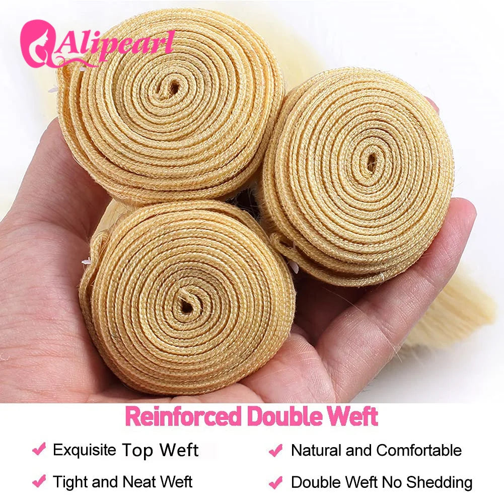 AliPearl 613 Blonde Human Hair Bundles 3 Bundles Deal Brazilian Hair Weave Human Hair Bundles for Black Women Double Strong Weft