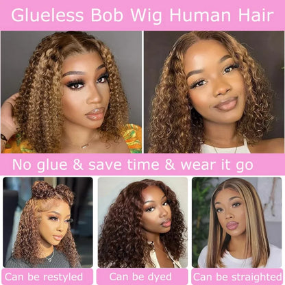 Wear And Go Glueless Bob Wig Human Hair 100% Deep Wave Curly Short Highlight Ombre 5X5 Hd Lace Closure Wig