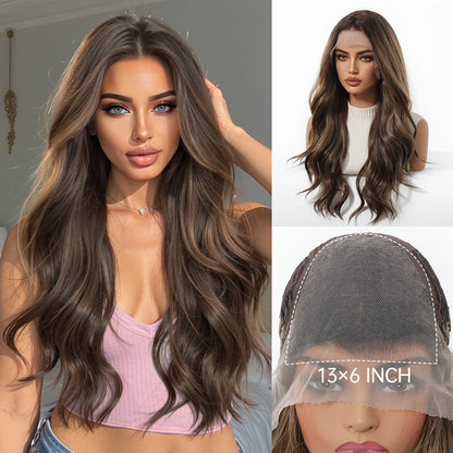 Brown Balayage Long Wavy Lace Front Wig for Women 13x6 HD Lace Natural Looking Heat Resistant Synthetic Hair Daily Cosplay Party