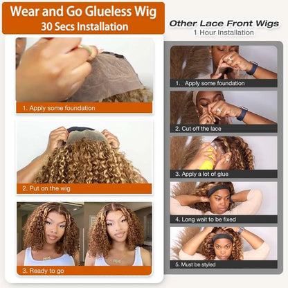 P4/27 Highlight Curly Short Bob Wigs Human Hair 5x5 Closure Wigs Brazilian Deep Wave Lace Frontal Wigs Ombre Brown Glueless Wigs