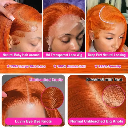 350 Ginger Orange Straight Human Hair Wigs 13X4 Hd Lace Frontal Wigs 250% Density Pre-plucked Brazilian Human Hair Wig For Women