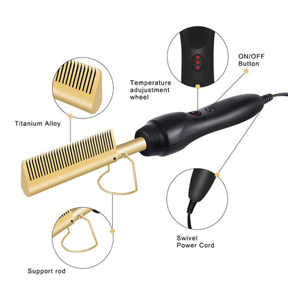 Portable hair straightening brush 2-in-1 hot comb