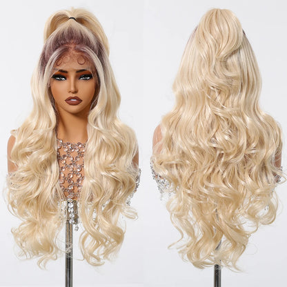 Brown Balayage Long Wavy Lace Front Wig for Women 13x6 HD Lace Natural Looking Heat Resistant Synthetic Hair Daily Cosplay Party