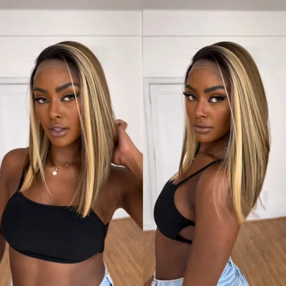 Brown Mix Blonde Highlight With Dark roots Lace Frontal Wig 13X4 Transparent Lace Front P4/27 Brown Ombre Colored Wigs For Women