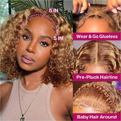 Wear And Go Glueless Bob Wig Human Hair 100% Deep Wave Curly Short Highlight Ombre 5X5 Hd Lace Closure Wig
