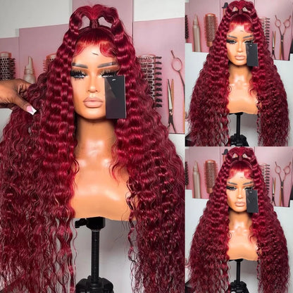 Red Colored 99J Burgundy 13X6 Hd Lace Frontal Human Hair Wigs Water Deep Wave Curly 30 Inch Transparent Lace Front Wig For Women