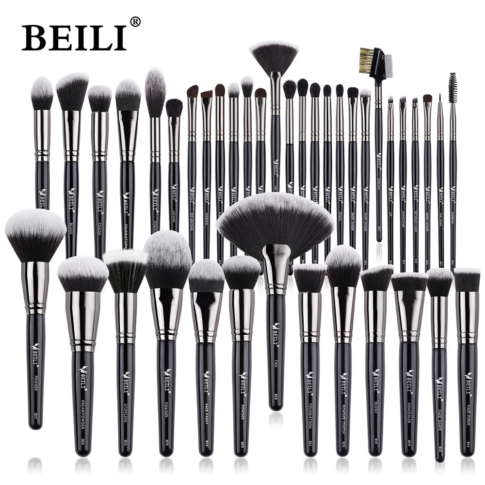 BEILI 30-42 Pcs Professional Black Makeup Brush Set With Holder Foundation Blush Eyeshadow Blending Kabuki Brushes Beauty Tools
