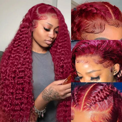 Red Colored 99J Burgundy 13X6 Hd Lace Frontal Human Hair Wigs Water Deep Wave Curly 30 Inch Transparent Lace Front Wig For Women