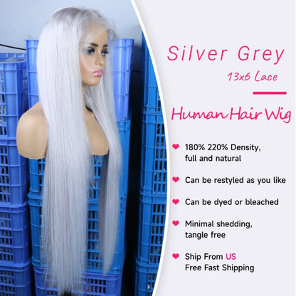 16 - 40 inch 13x6 Hd Transparent Lace Front Human Hair Wig Brazilian Silver Grey Color Lace Frontal Wig Pre Plucked 220% Density