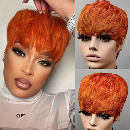 Short Bob Wig Human Hair 613 Blonde Color Mullet Wig with Bangs Layered Wavy Pixie Cut Wig Machine Made Wigs for Black Women