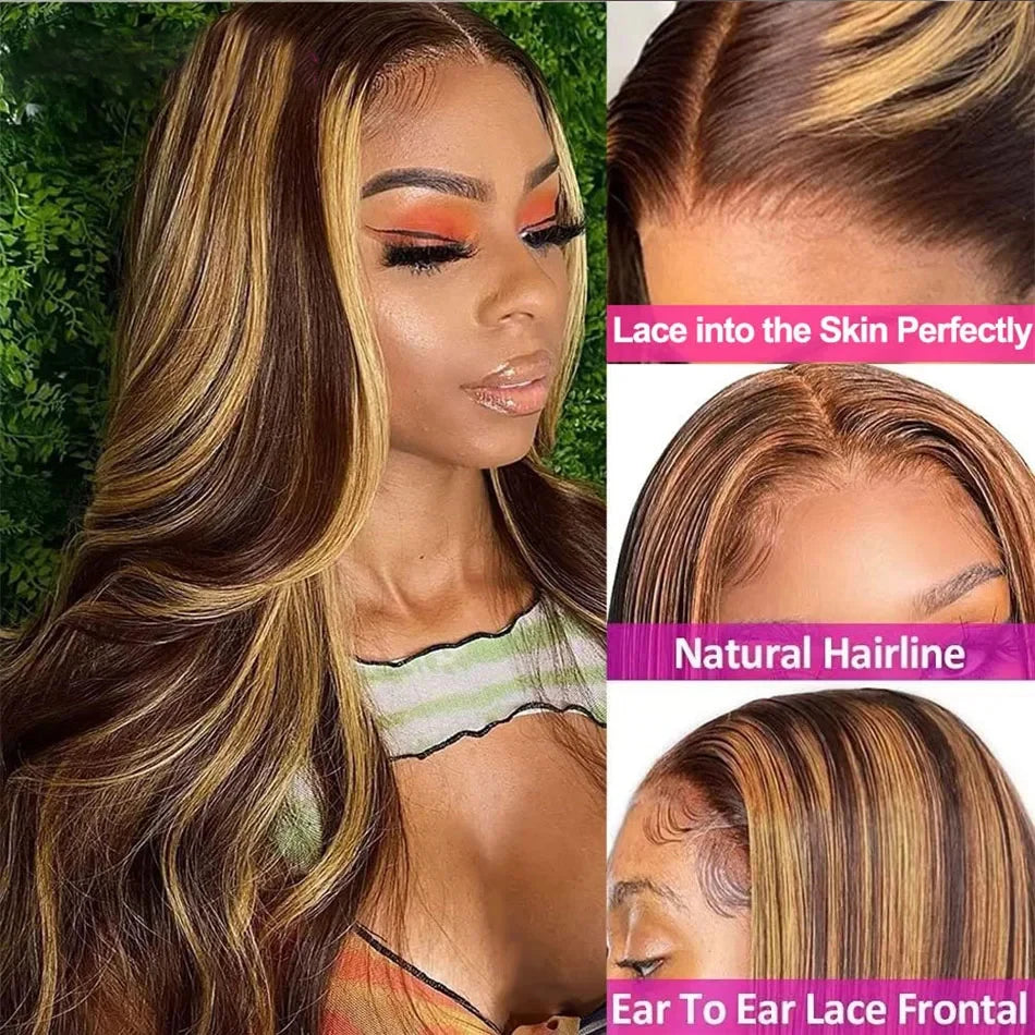4/27 Highlight Body Wave 13x6 HD Lace Front Wig 100% real Brazilian Human Hair Wig Glueless 13x4 Lace Wig 180% Density For women