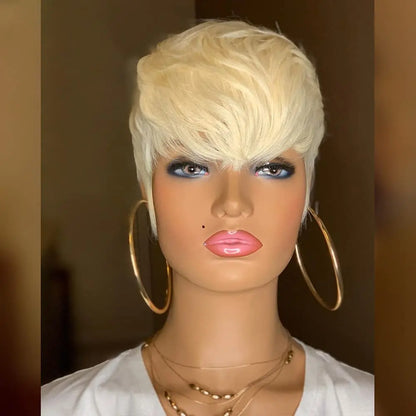 Short Bob Wig Human Hair 613 Blonde Color Mullet Wig with Bangs Layered Wavy Pixie Cut Wig Machine Made Wigs for Black Women