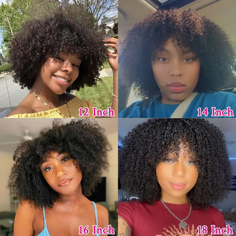Afro Kinky Curly Human Hair Wigs With Bangs 200% Density Remy Human Hair Glueless Wig  Afro Curly Fringe Wigs for Black Women