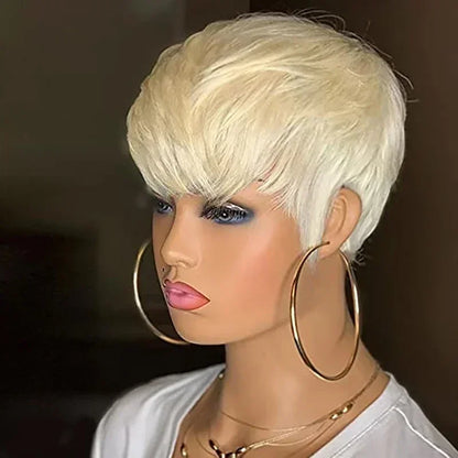 Short Bob Wig Human Hair 613 Blonde Color Mullet Wig with Bangs Layered Wavy Pixie Cut Wig Machine Made Wigs for Black Women