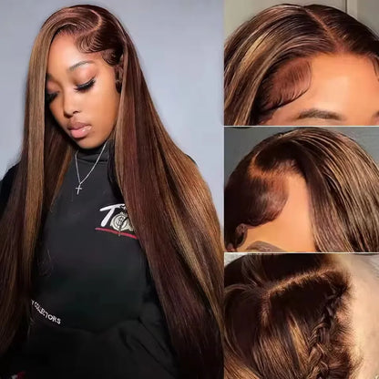 FB 30 Colored Highlight Straight human hair 200 Density Full Frontal 13x4 13x6 HD Transparent Lace Front Remy Human Hair Wigs