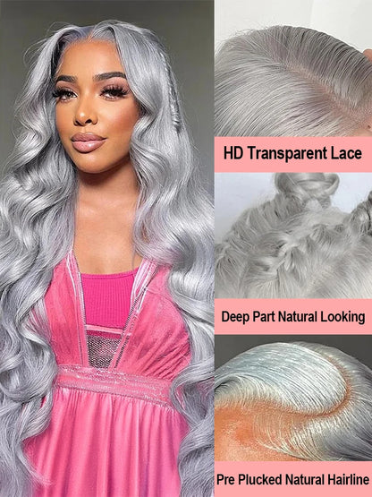 40 Inch 13x6 Silver Grey Colored Body Wave Lace Front Human Hair Wigs Preplucked Brazilian 13x4 Lace Frontal Wigs For Women 210%