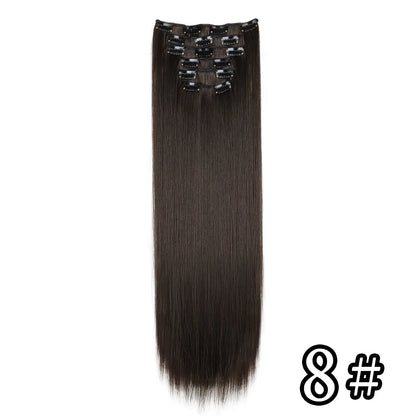 Black Hair Extensions 24"/60cm 6pcs/set Women Long Straight Synthetic Full Head Clip 16 Clips Ombre Heat Resistant Fiber Hair