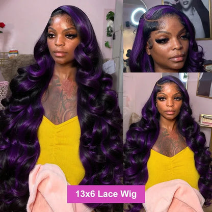 Smilegirl Ombre Purple Highlight Body Wave 13x6 HD Lace Front Wig Human Hair Waves Dark Purple 13x4 Lace Frontal Wigs For Women