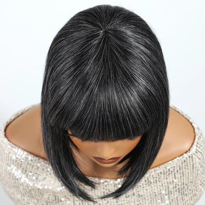 Brazilian Gray Salt and Pepper Short Straight Bob 100% Human Hair Wigs For Women Remy Hair Full Machine Made Mom 10" Wigs