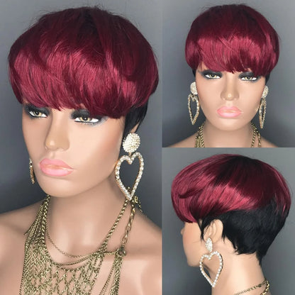 Short Bob Wig Human Hair 613 Blonde Color Mullet Wig with Bangs Layered Wavy Pixie Cut Wig Machine Made Wigs for Black Women