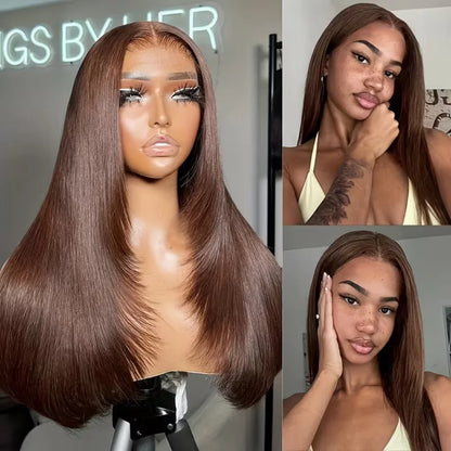 Straight Chocolate Brown Human Hair Wigs Brazilian Original Wigs Pre Plucked Pre Bleached 13X6 Hd Lace Frontal Wigs 250 Density