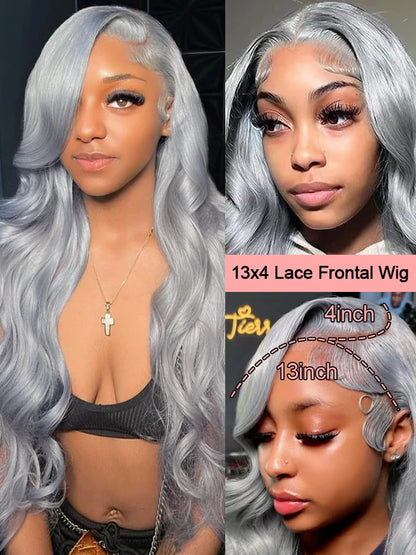 40 Inch 13x6 Silver Grey Colored Body Wave Lace Front Human Hair Wigs Preplucked Brazilian 13x4 Lace Frontal Wigs For Women 210%