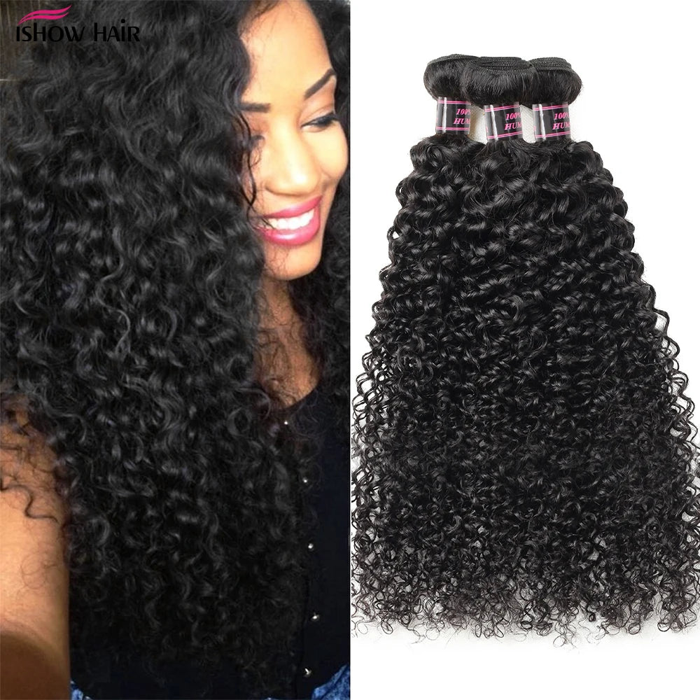 Ishow Curly Human Hair Bundles Brazilian Raw Curly Bundles Humar Hair For Women Remy Original Hair 1/3/4 Bundles Natural Color