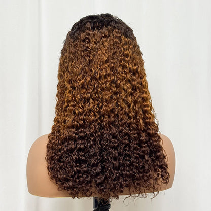 Double Drawn 250% Density Ombre 18 Inches Water Wave Curly Human Hair Wigs 13x4 Transparent Lace Frontal Hair Wig for Women