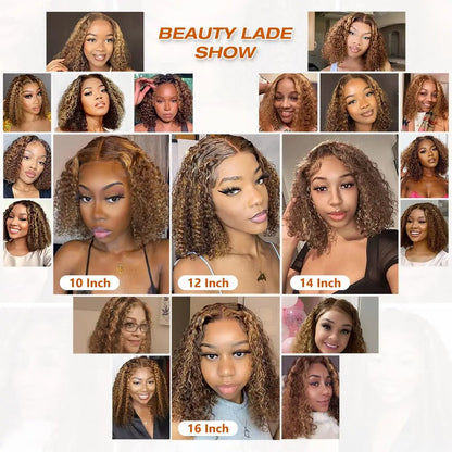 P4/27 Highlight Curly Short Bob Wigs Human Hair 5x5 Closure Wigs Brazilian Deep Wave Lace Frontal Wigs Ombre Brown Glueless Wigs