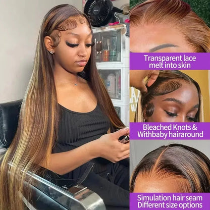 Highlight Wig Human Hair 13X6 Hd Lace Frontal Wig 427 Straight Human Hair Wigs 30 38 Inch Pre Plucked Brazilian Wigs 250 Density