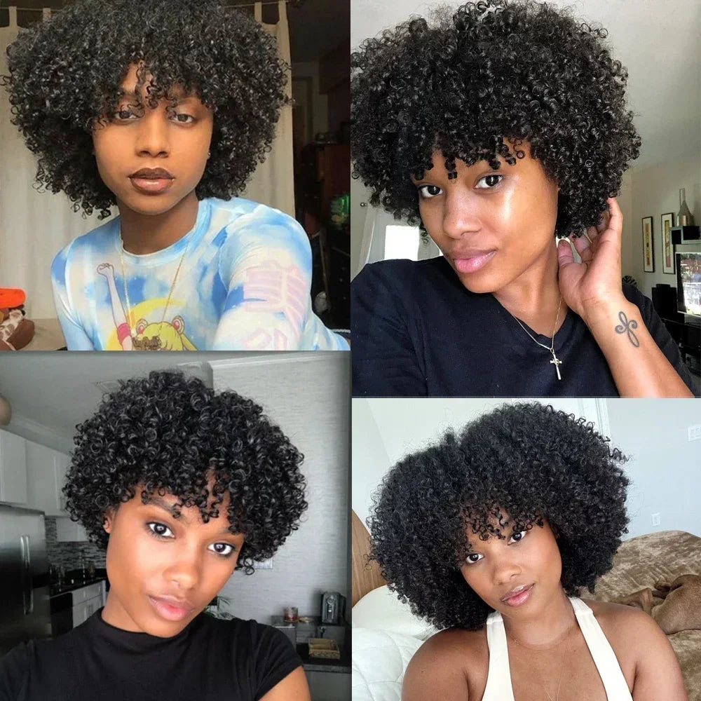Afro Kinky Curly Human Hair Wigs With Bangs 200% Density Remy Human Hair Glueless Wig  Afro Curly Fringe Wigs for Black Women