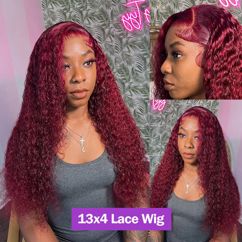40 Inch Curly Burgundy 13x6 Hd Lace Front Human Hair Wig Red Wigs For Women Transparent Lace 5x5 13x4 Deep Wave Frontal Wig 99j