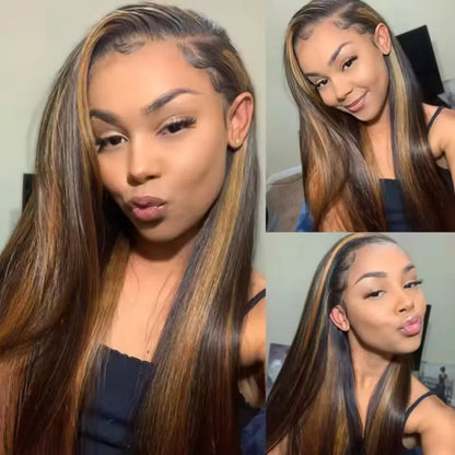 FB 30 Colored Highlight Straight human hair 200 Density Full Frontal 13x4 13x6 HD Transparent Lace Front Remy Human Hair Wigs