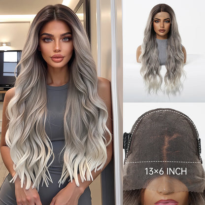 Brown Balayage Long Wavy Lace Front Wig for Women 13x6 HD Lace Natural Looking Heat Resistant Synthetic Hair Daily Cosplay Party