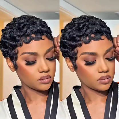 Women's Human Hair Pixie Cut Wig full machine made - Short Layered Curly with Bangs, Natural Black 250% Density