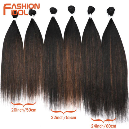 FASHION IDOL 20 22 24 inches 300g/6pcs Yaki Straight Hair Weaving Synthetic Fake Hair Bundles Ombre Blonde Salon Hair Extensions
