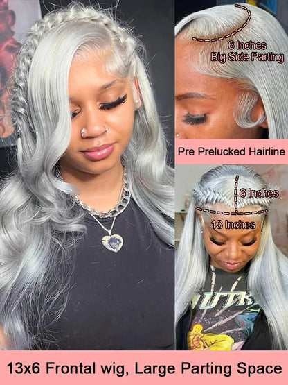 40 Inch 13x6 Silver Grey Colored Body Wave Lace Front Human Hair Wigs Preplucked Brazilian 13x4 Lace Frontal Wigs For Women 210%