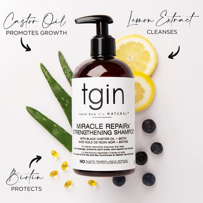 Tgin Miracle Repairx Strengthening Shampoo and Conditioner Duo for Curly, Coily and Wavy Hair, with Biotin and Black Castor Oil, Repairs and Restores Damaged, Color-Treated Hair, 13 Oz (Set)