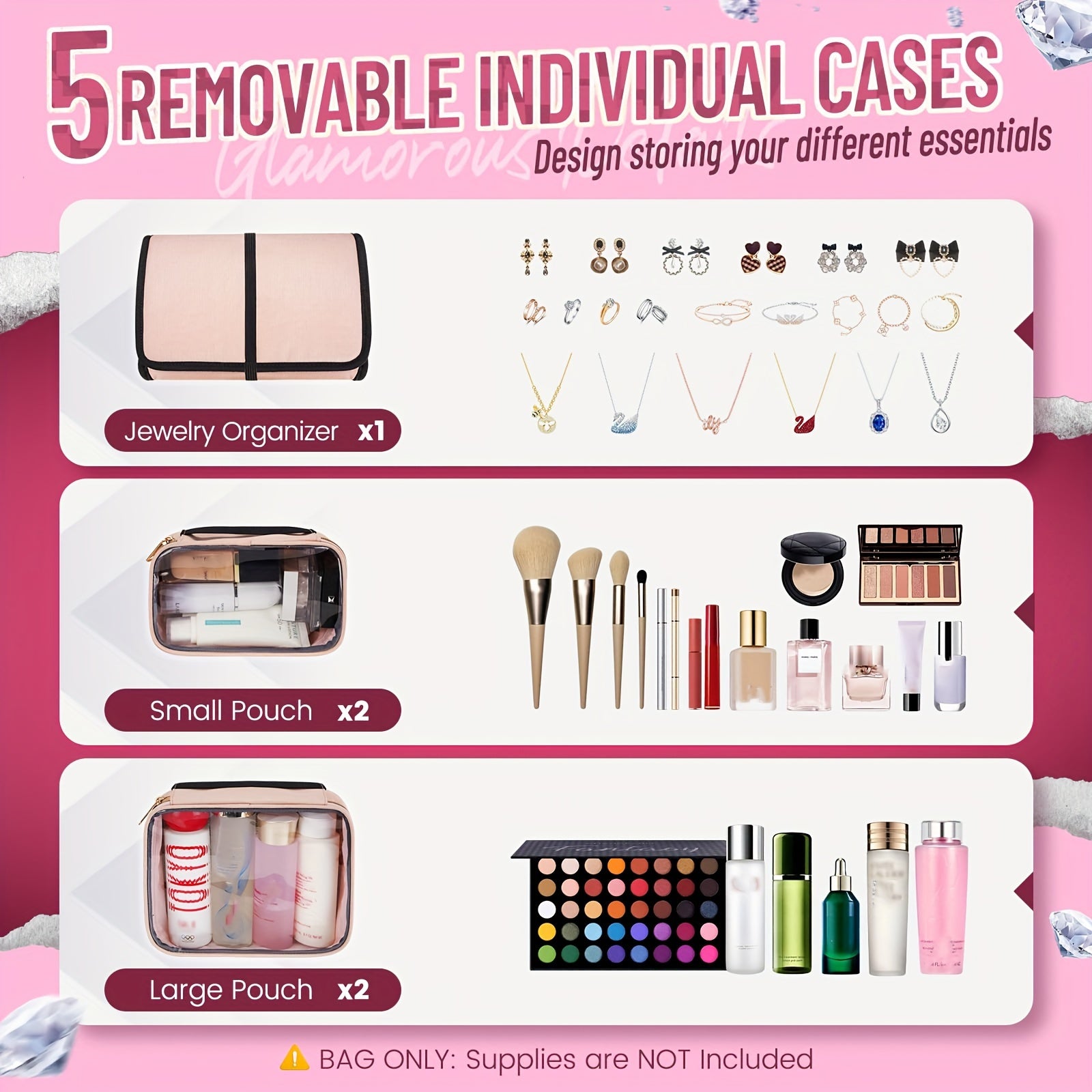 Large Travel Makeup Organizer with 4 Removable Cases & 1 Jewelry Roll - Elegant Pink Cosmetic Bag with Multiple Storage Pockets, Non, Makeup Case, Portable Beauty Essentials Set for Women (No Fragrance), Zipper Closure