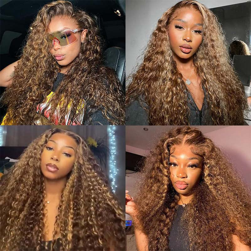 Ishow Highlight Wig Deep Wave Wig Honey Blonde HD Lace Wig 4X4 Lace Closure Wig