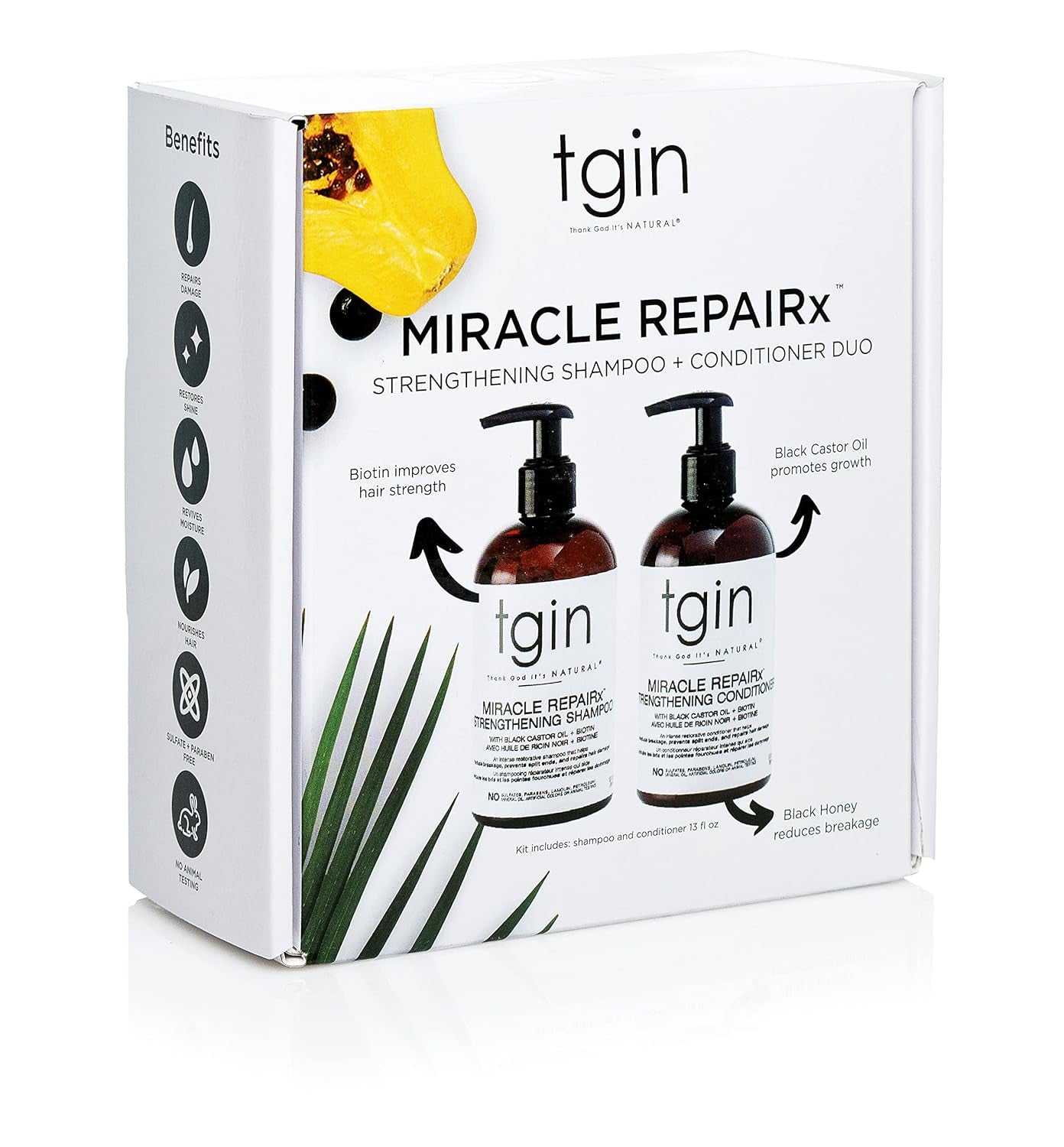 Tgin Miracle Repairx Strengthening Shampoo and Conditioner Duo for Curly, Coily and Wavy Hair, with Biotin and Black Castor Oil, Repairs and Restores Damaged, Color-Treated Hair, 13 Oz (Set)