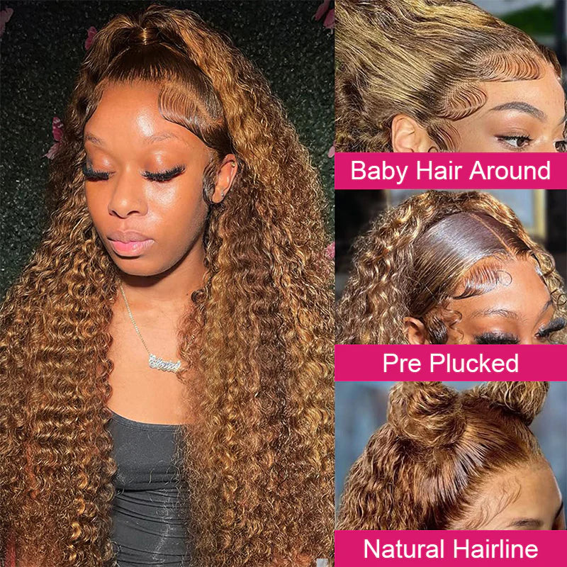 Ishow Highlight Wig Deep Wave Wig Honey Blonde HD Lace Wig 4X4 Lace Closure Wig