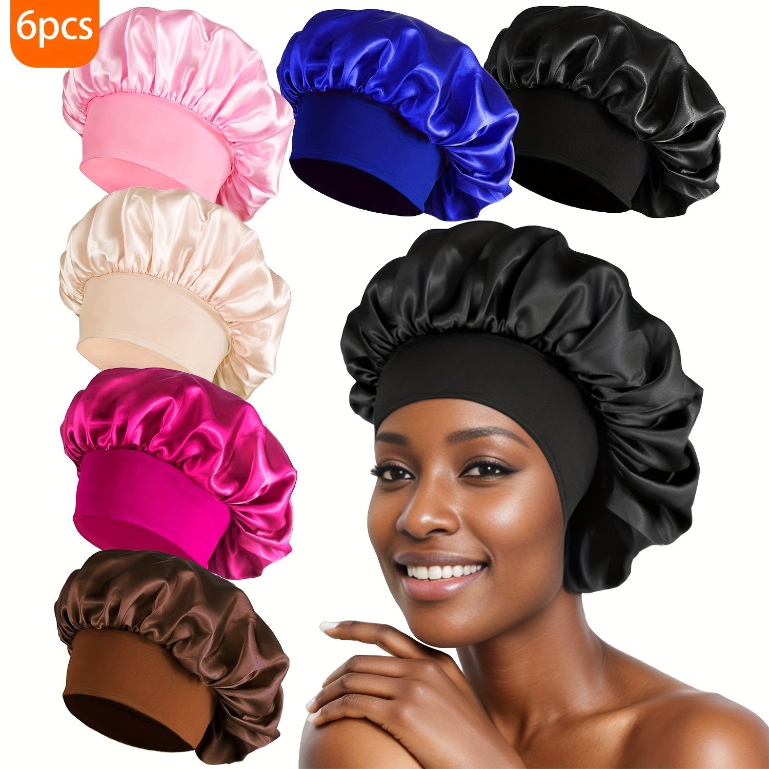 6pcs Soft Satin Sleep Bonnets - Skullies & Beanies for Women, Comfortable Night Hair Protection, Breathable Elastic Band Hair Care Cover for Sleeping, Gentle Hair Accessories for Beauty Sleep